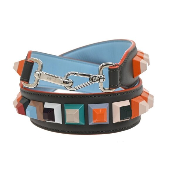 FENDI Logo Bag Shoulder Strap Studs Leather Plastic Brown Blue Orange - Picture 1 of 9